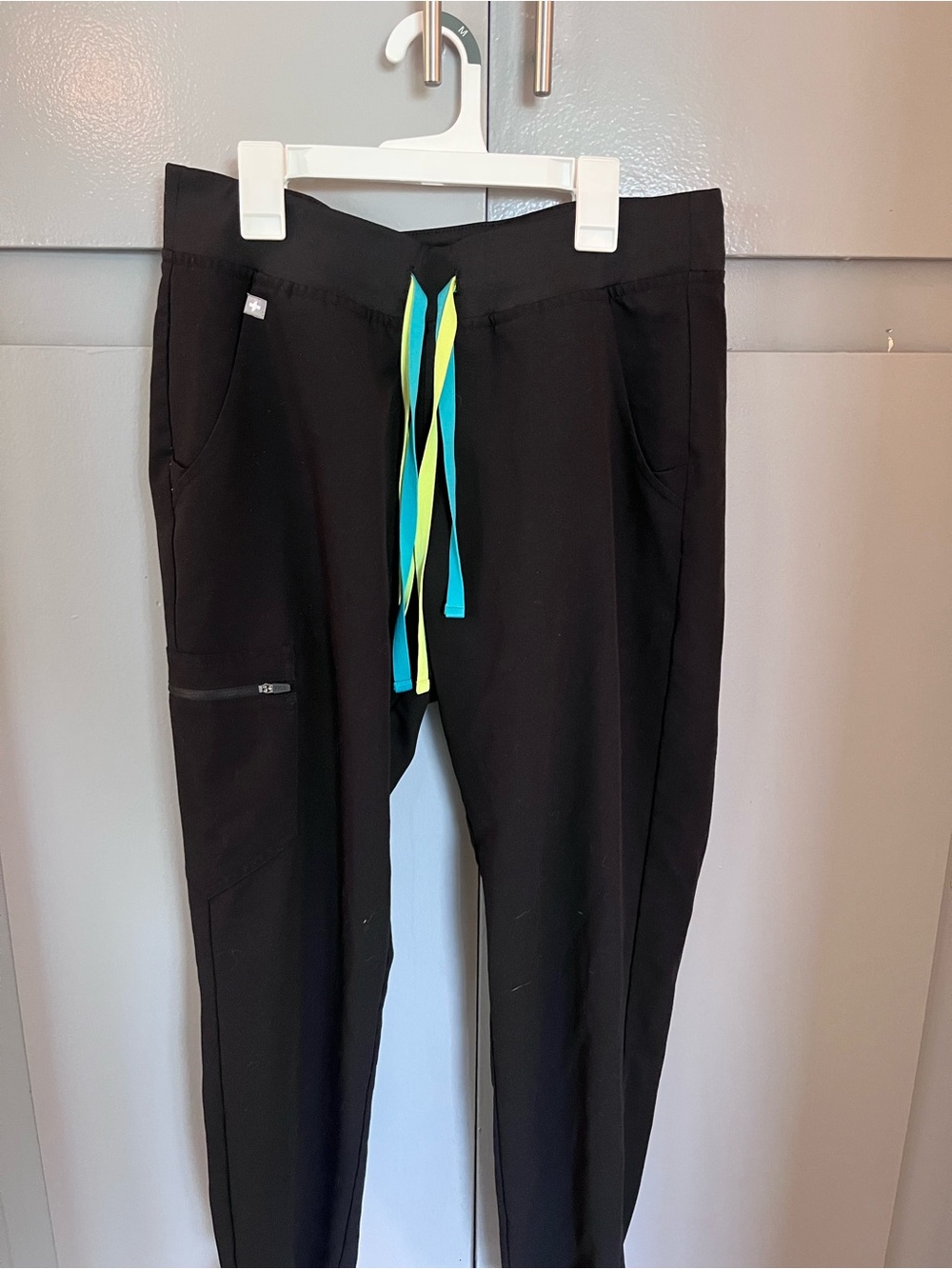 Figs Black Track Joggers with Teal & Neon Yellow Drawstrings